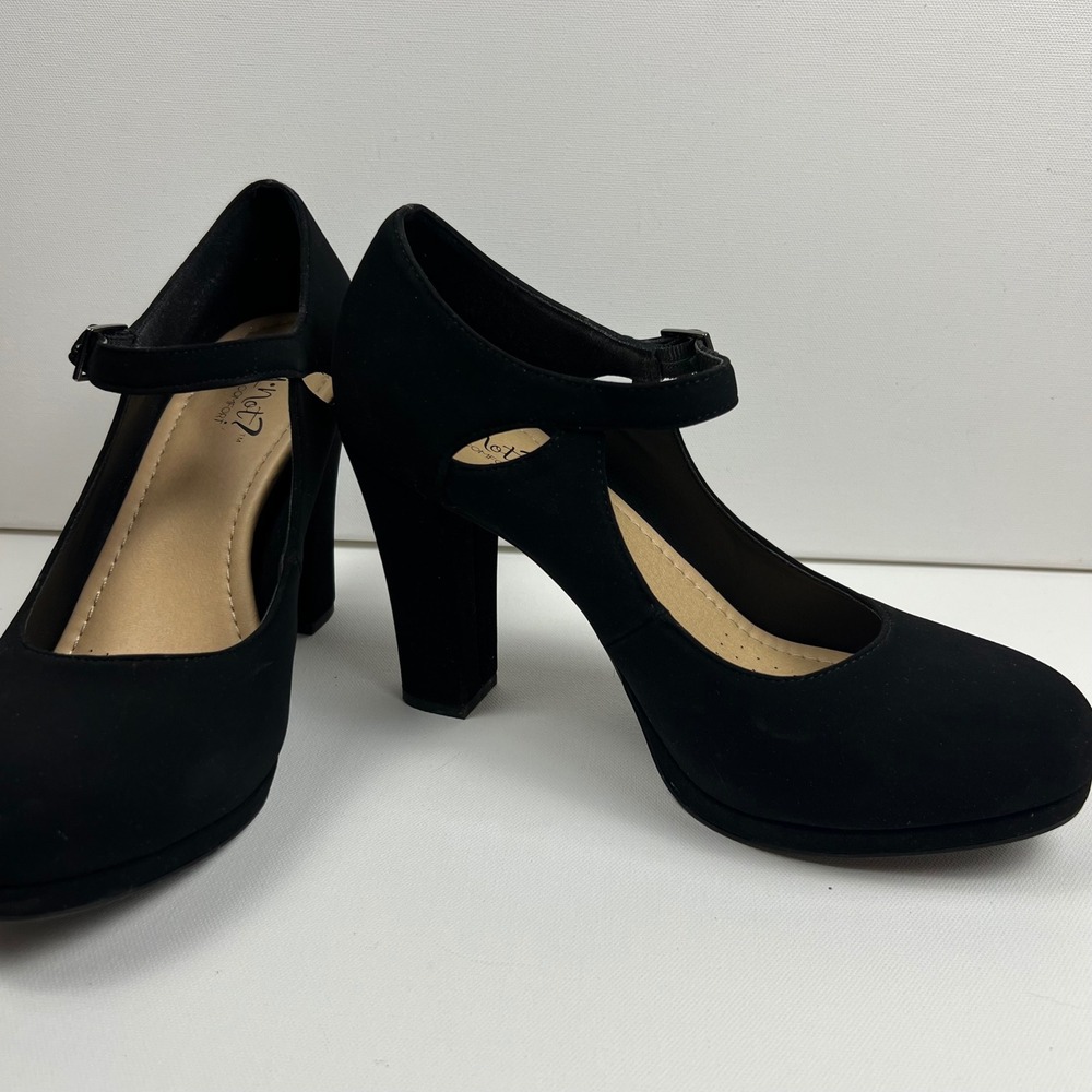 Y Not? Ariel Black Nubuck Mary Jane Platform Pumps Block Heel Womens 8.5 M